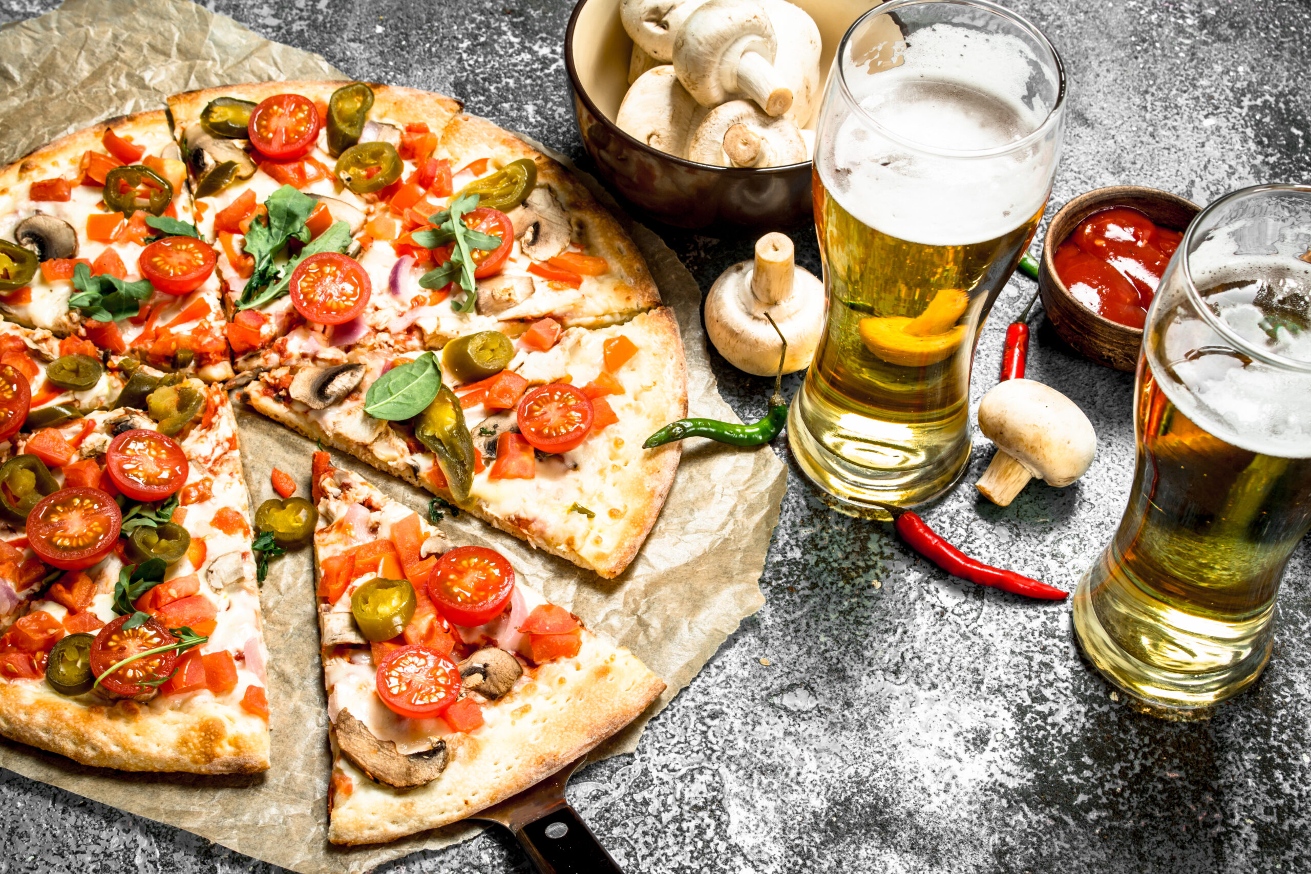Mexican,Pizza,With,Cold,Beer.,On,A,Rustic,Background.